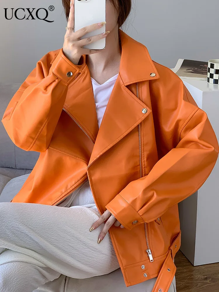 UCXQ Korean Orange Loose Fit Black Pu Leather Jacket New Lapel Long Sleeve Women Coat Fashion Tide Spring Summer 2025 SM4039