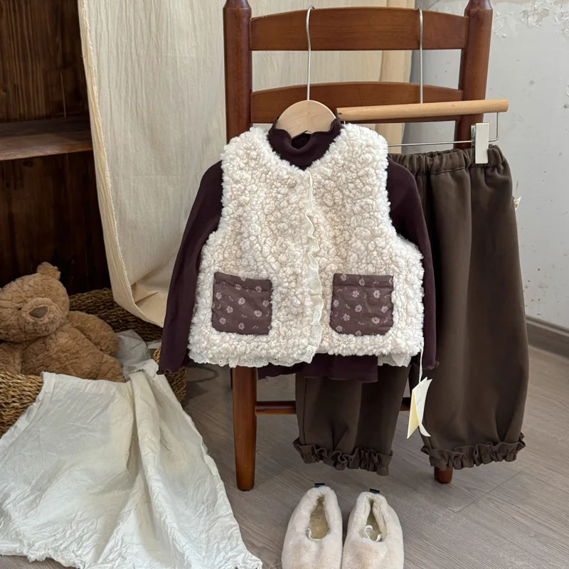Girls Vest Autumn and Winter New Plush Vest Korean Version Cute Floral Patchwork Fur Coat Warm Sweet and Fashionable