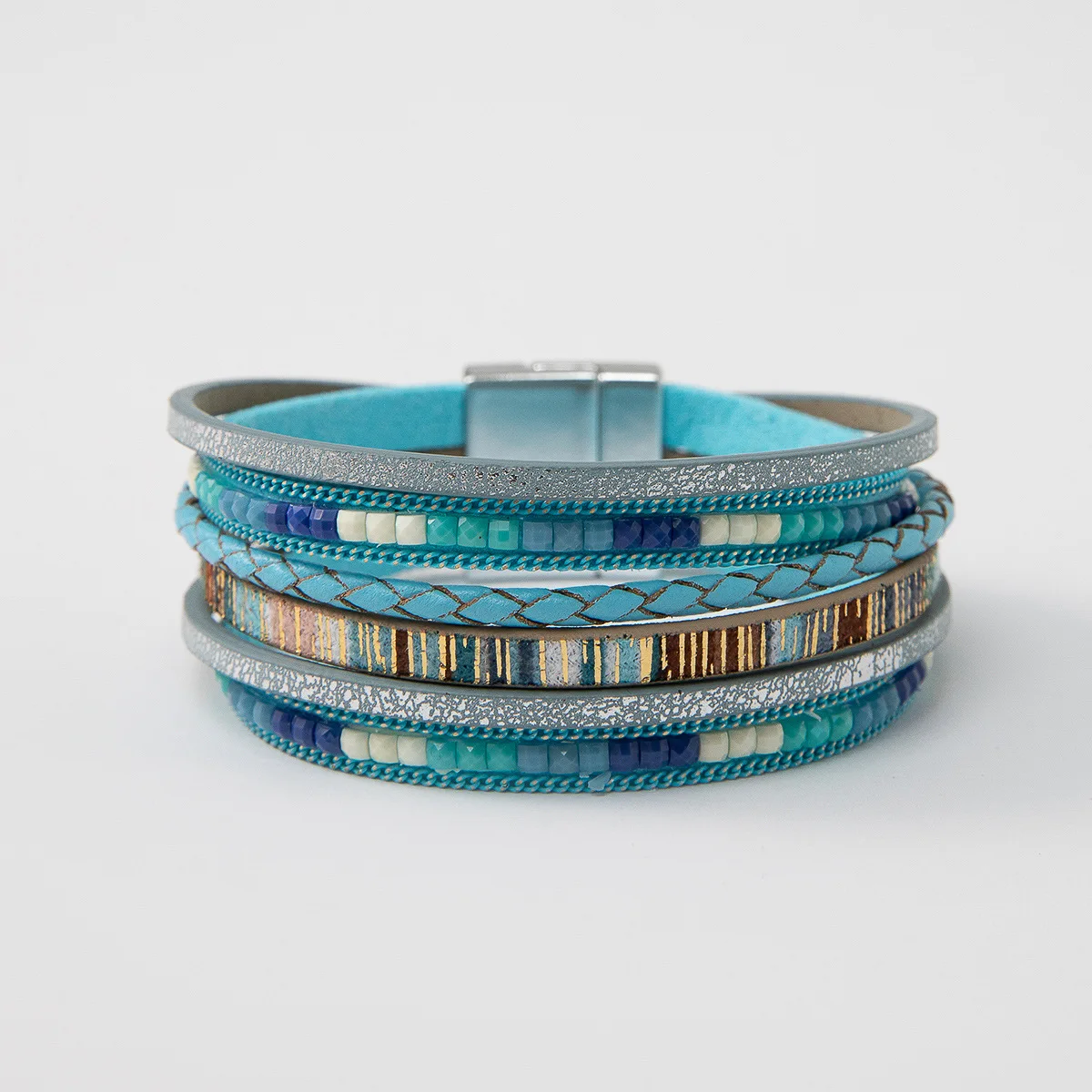 Bohemian Weed Beads Boho Pu Leather Stackable Handmade Braided Magnetic Clasp Women Wrap Bracelet Jewelry