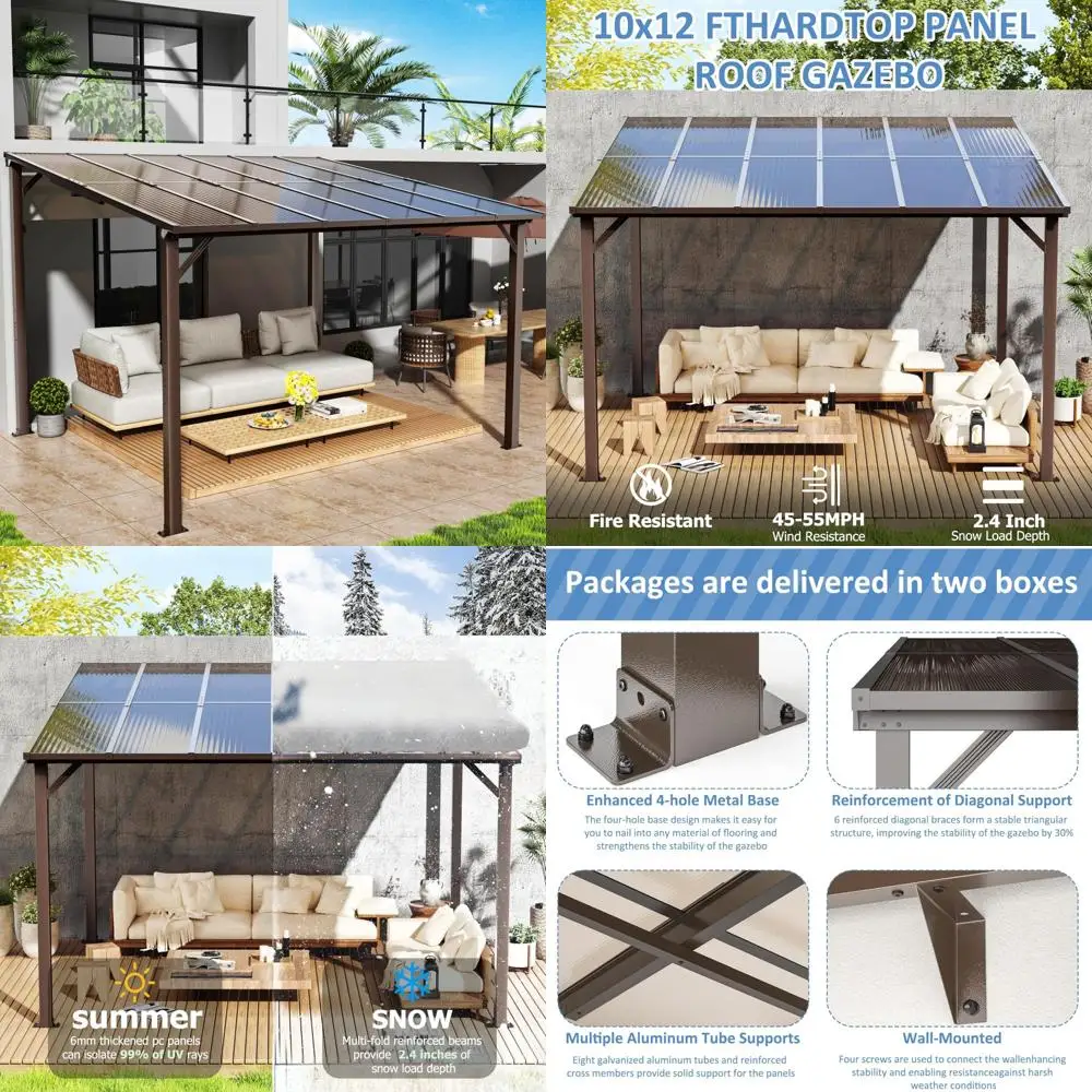 

10x12 Large Hardtop Lean-to Gazebo, Pergola and Gazebo Clearance, Wall-Mounted Canopy Awnings for Patio