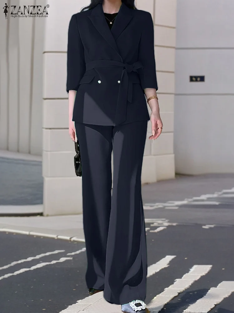 

ZANZEA Office Wear 3/4 Sleeve Blazer Blazer Suits Tied Waist Wide Leg Trouser Autumn Elegant Pant Sets Classy Women 2-Piece Sets