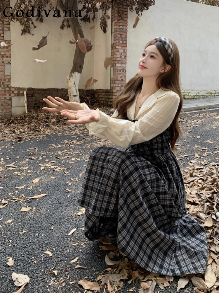 

Осеннее платье большого размера в клетку с длинными рукавами в стиле ретро, милые модные универсальные японские длинные платья трапециевидной формы с высокой талией для девочек