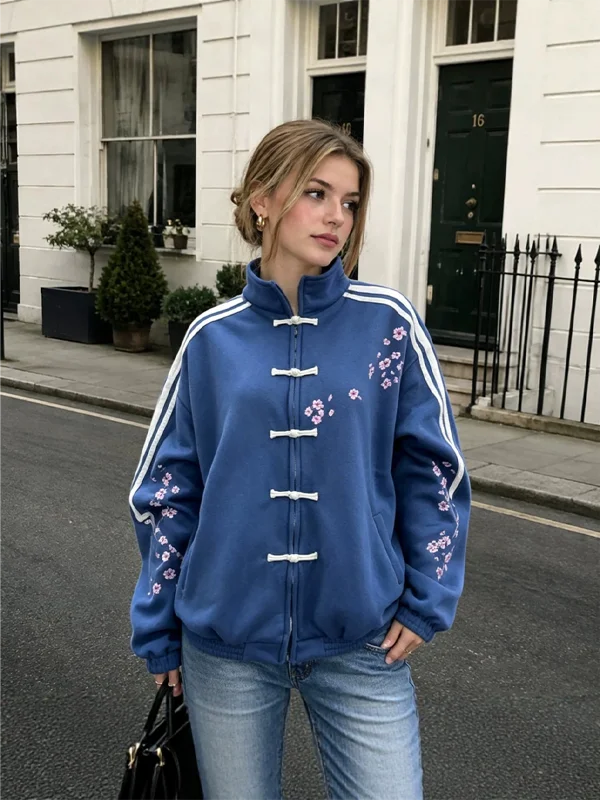 Damen-Sweatshirt mit Stehkragen und Reißverschluss, Kirschblüten-Stickerei, chinesische Knöpfe, Streetwear, lässige, lockere Passform, Jacke – Detail 8