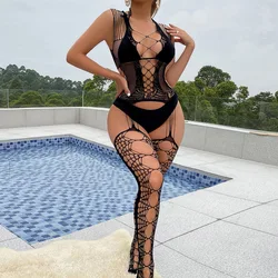 2023 Sexy Lace Lingerie Hot Women's Transparent Catsuit Open Crotch Mesh BodyStockings For Sex Tube top Backless Teddie Bodysui