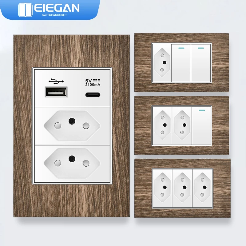 

ELEGAN White Brazil Wood Grain Panel Standard Outlet Double USB Type C 20W Wall Power Socket Light Switch Office 118*72mm10A 20A