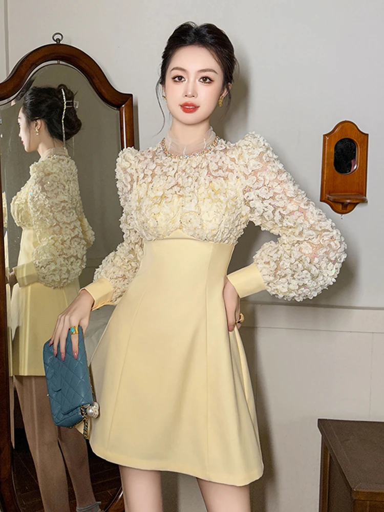 คนดังสวยวันที่ชุดประณีต Chic SHEER ตาข่ายดอกไม้ Splice Sequins เอวสูงชุดสั้นพรหมวันเกิด PARTY Vestidos