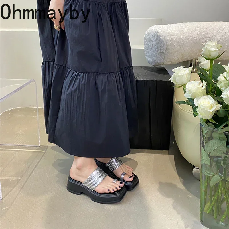 2024 Summer Platform Women Slippers Fashion Elegant Clip Toe Narrow Band Slides Ladies Casual Wedges Heel Beach Sandalias