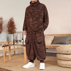 Two piece set(Shirt +Pants)Autumn Winter Thickening Velvet Retro Harem Pants Jogging Men Solid Trendy Casual Large Size Trousers