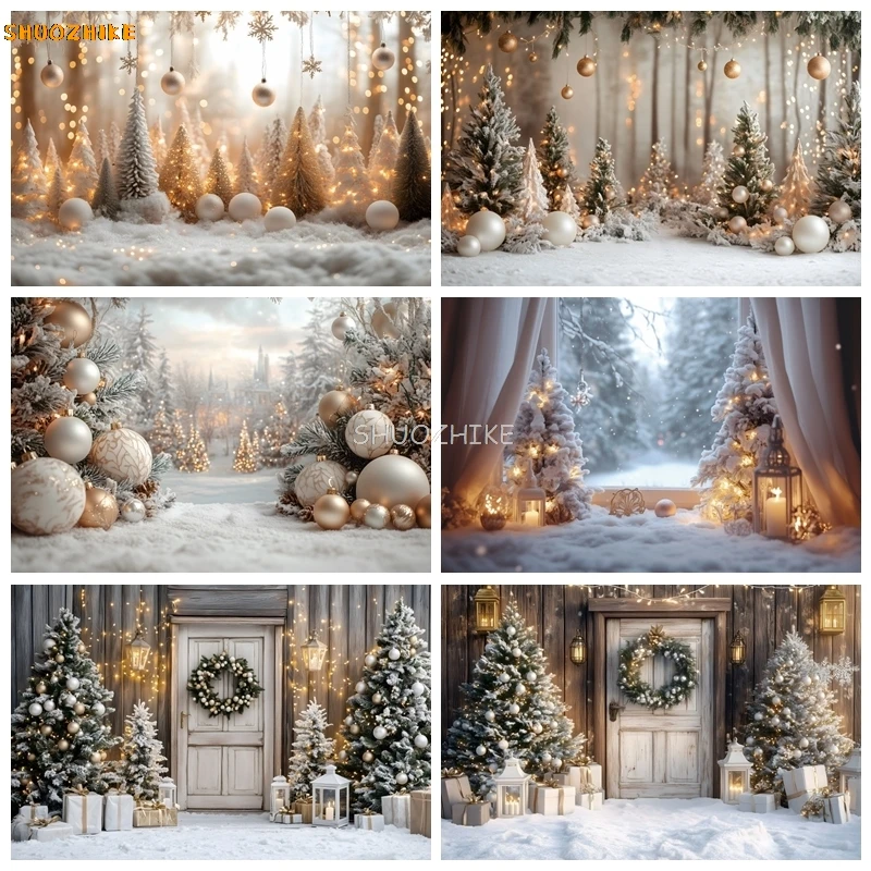 

White Christmas Photography Background Xmas Pine Tree Gold Bells Winter Snow Kids Portrait Christmas Decor Backdrop Photo Studio