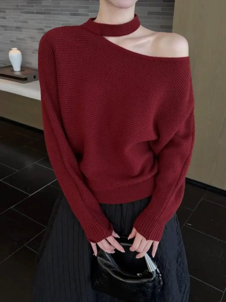 

Loose Cisas New Year oulder Bared Knitted Sweater Women's Autumn Winter Inner Wear Red Lazy Netie Top Outerwear