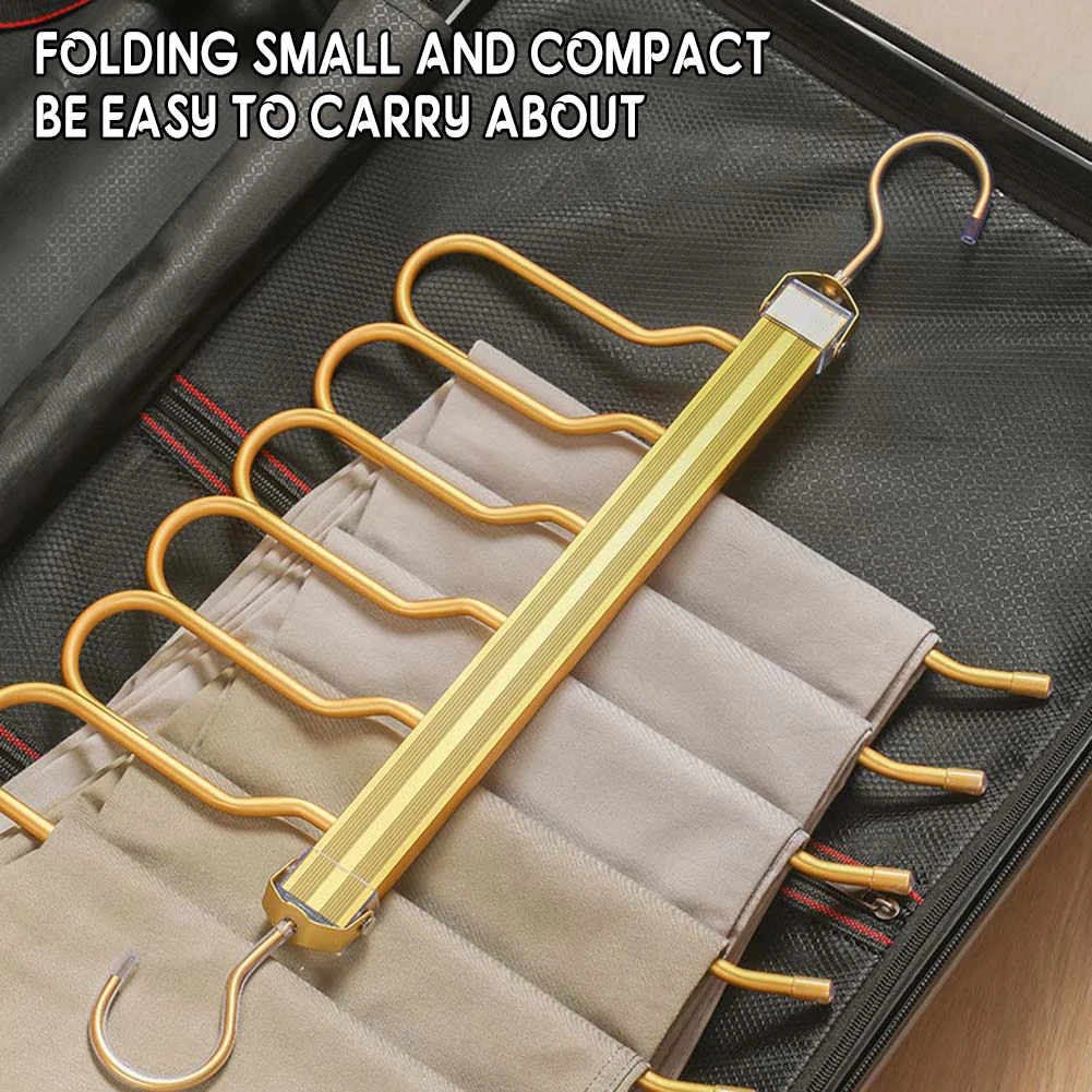 6 In 1 Folding Hanger Telescopic 360° Rotatable Non-Slip Adjustable Multi-Layer Pants Storage Holder Clothes Closet Organizer