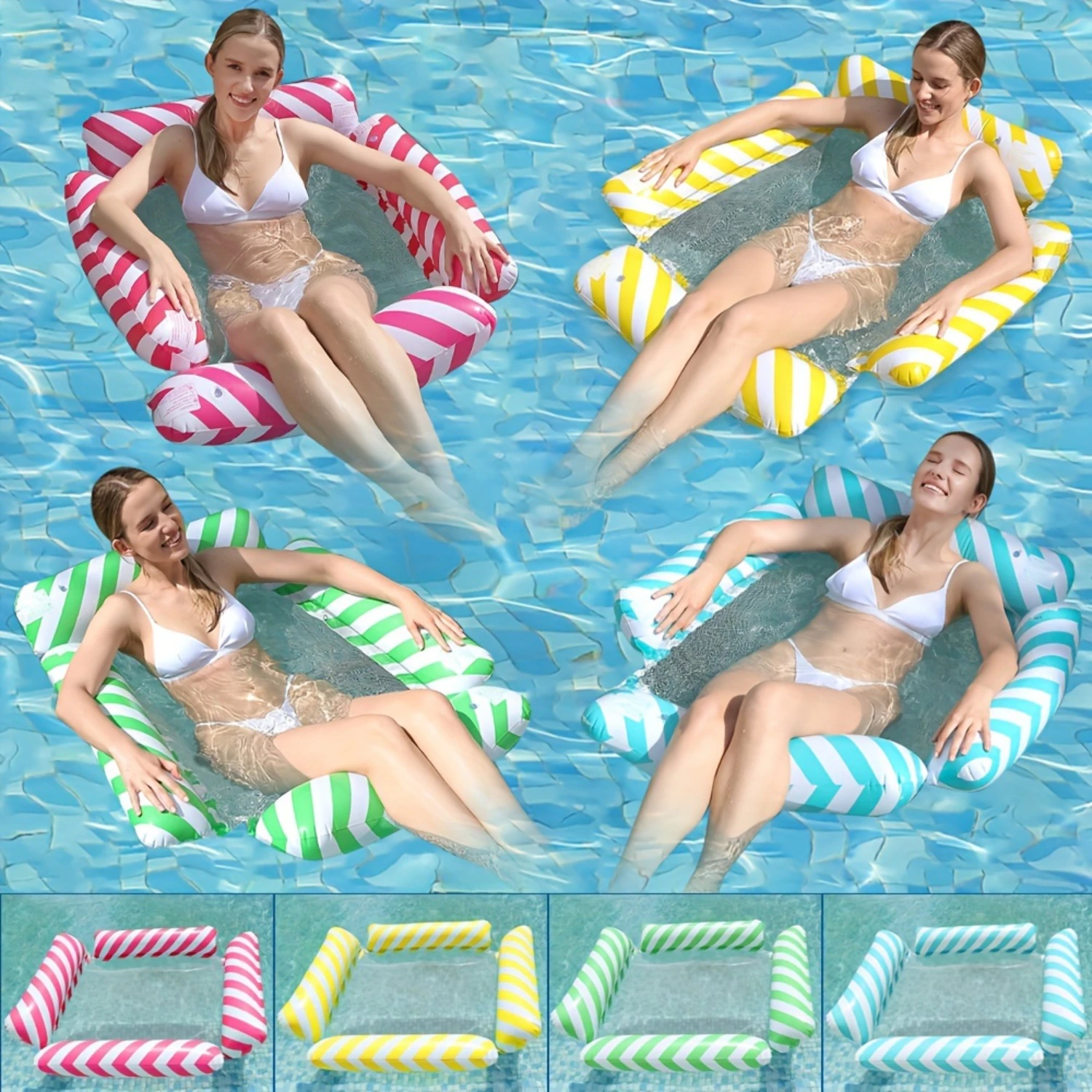 1pc Foldable Inflatable Water Hammock, Floating Swimming Pool Chair, Portable Four Tubes Slant Stripe Swimming Bed