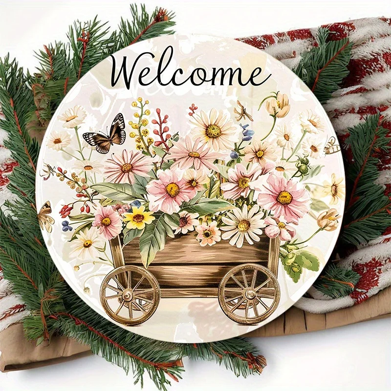

Art Deco Welcome Sign - Round Wood Wall Hanging, Rustic Floral Wreath & Butterfly Design, No Electricity, Home Decor