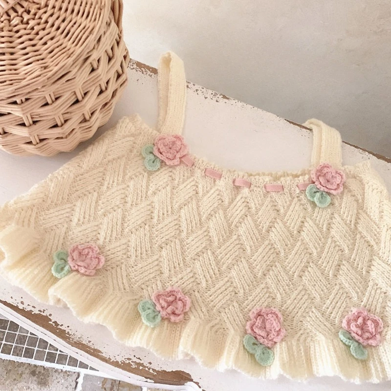 Short Sweater Vests Women Floral Sweet Lovely Embroidery Knitted Spring Summer Tops All-match Loose Female Chic Park Gentle Ins