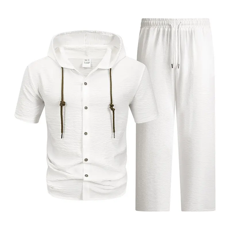 New Summer Fashion Trendy Solid Color Comfortable Breathable Beach Hooded Shirt Set Men's Casual Loose Sports Two-Piece Set view 2