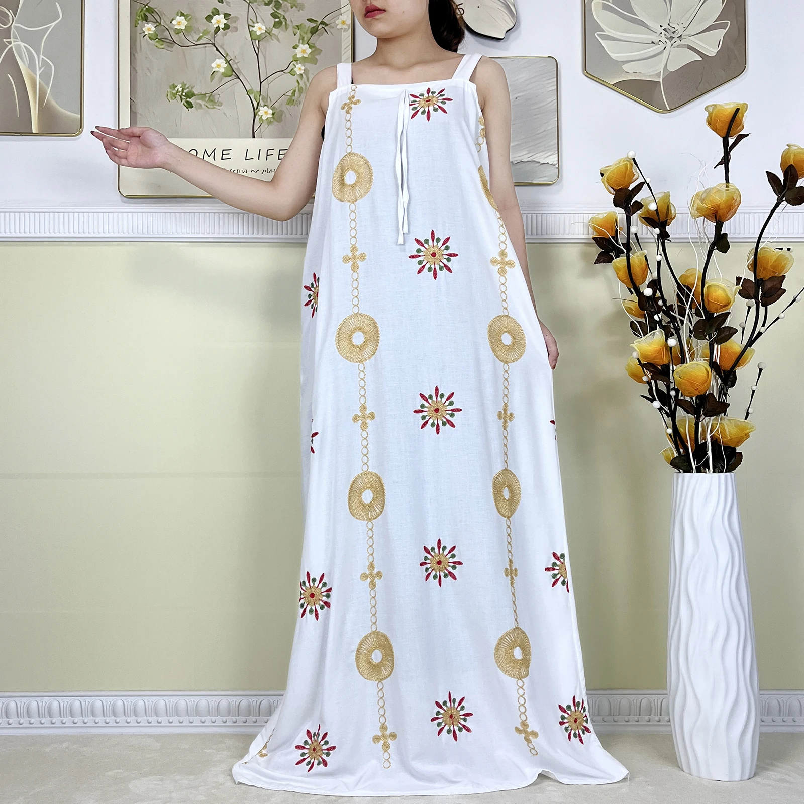 Neue Dubai Party Frauen Sommer Ärmelloses Kleid Mit Großen Schal Baumwolle Stickerei Afrikanische Dame Elegante Maxi Islam Casual Vestidos