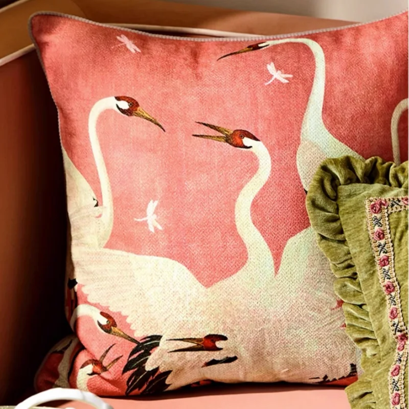 Pink Crane Pillows Luxury Green Chenille Cushion Case Vintage 45x45 50x50 Decorative Pillow Cover For Sofa Chair Home Decoration