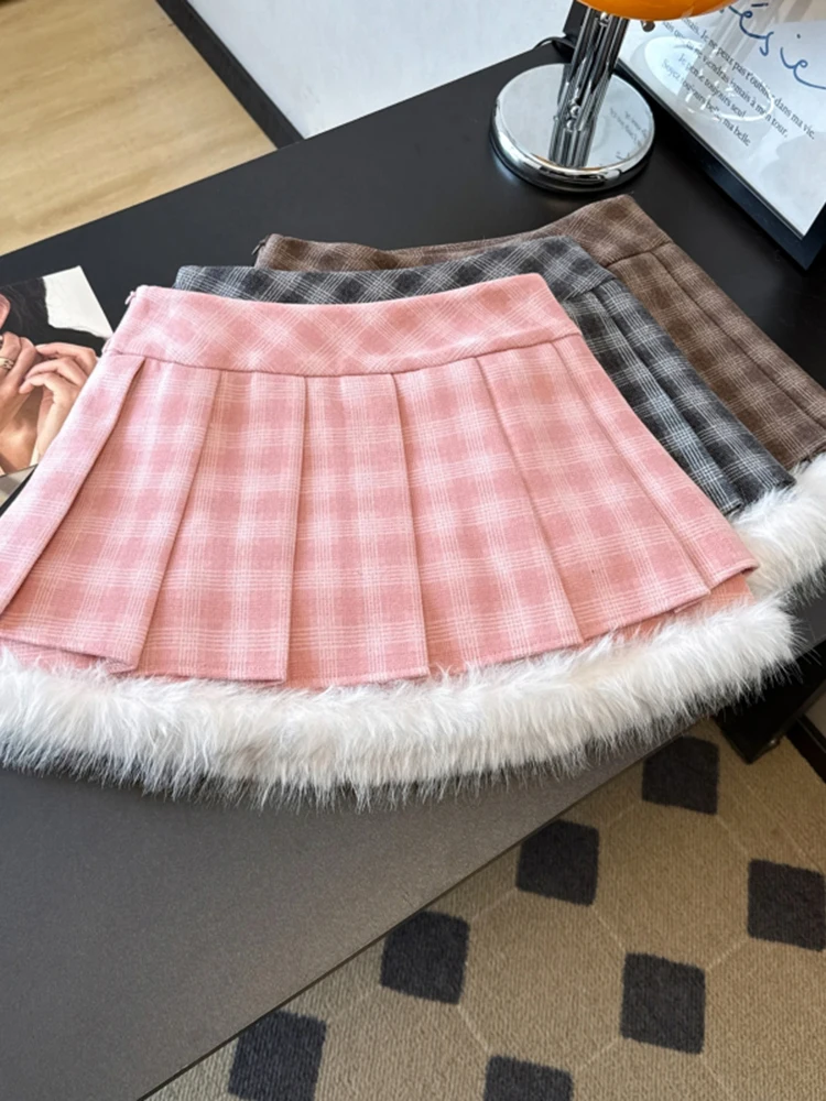 

Zoki Sexy Sweet Plaid Skirt Women High Waist Faux Woolen Fashion Korean Mini Skirts Fall Winter Preppy Style Slim A Line Skirt