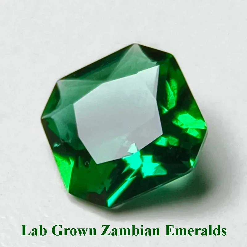 

Lab Grown Zambian Emeralds Hydrothermal Hand Cutting Square No Corners with Cracks Inclusions Inside Selectable AGL Certificate