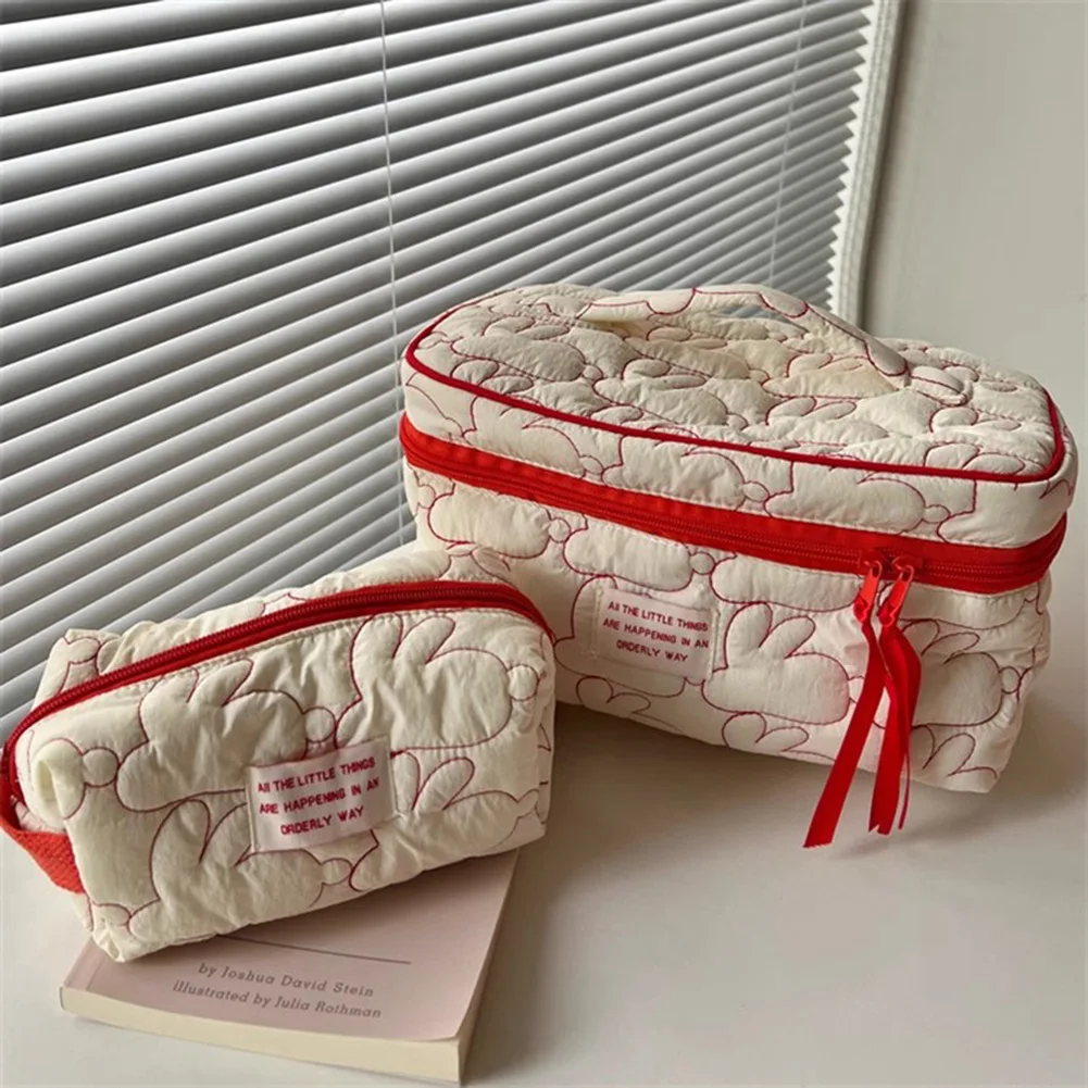 2023 Quilted Makeup Bags for Women\'s Cute Rabbit Cosmetic Storage Bags Portable Toiletry Bags Female Cotton Brush Bags Organizer