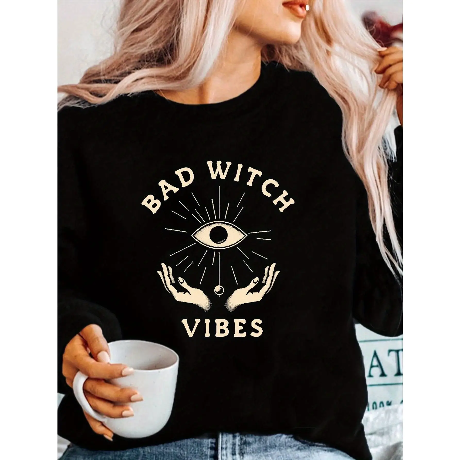 

"Bad Witch Vibes" Graphic Sweatshirt, All-Seeing Eye Print Jumper, Gothic Halloween Crewneck Top for Women