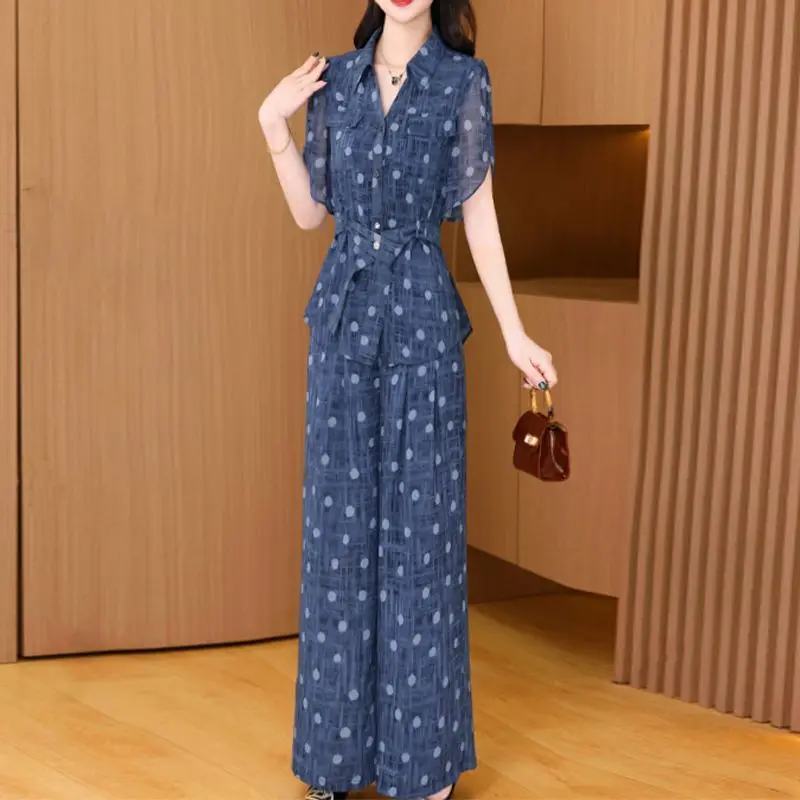 

Blue Polka Dot Two-Piece Set of Summer New Style Elegant Temperament Fashionable Casual Waist Slimming Commuter Set