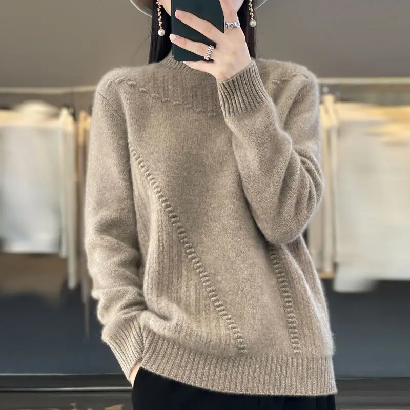 Pullover Sweater Women Half High Neck Sweater Pullover Bottom Casual Loose Knitting Solid Long Sleeve Sweater Pullover Female