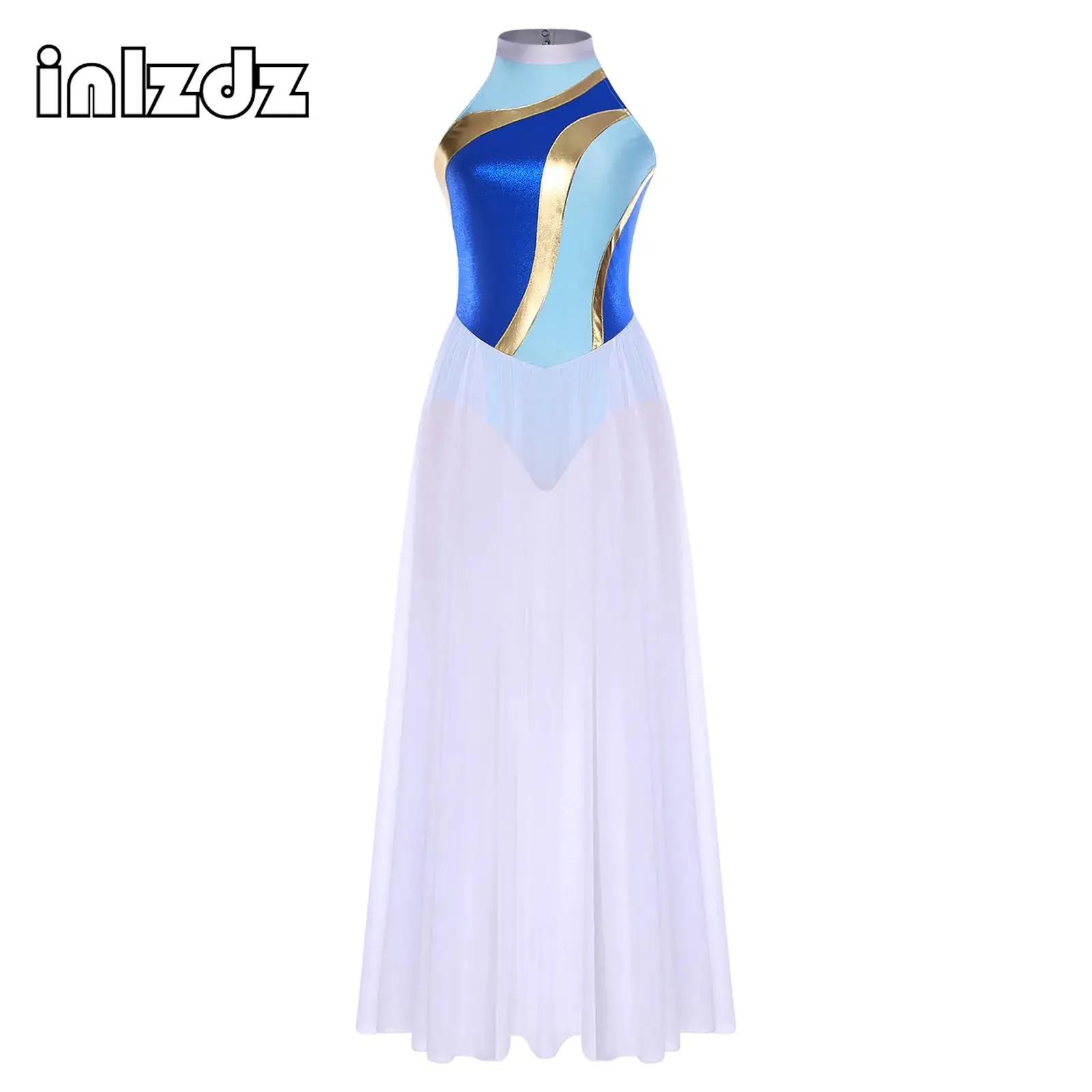 

Women Lyrical Dance Dress Modern Contemporary Halter Sleeveless Color Block Back Cut Flowing Overlay Chiffon Long Skirt Dress