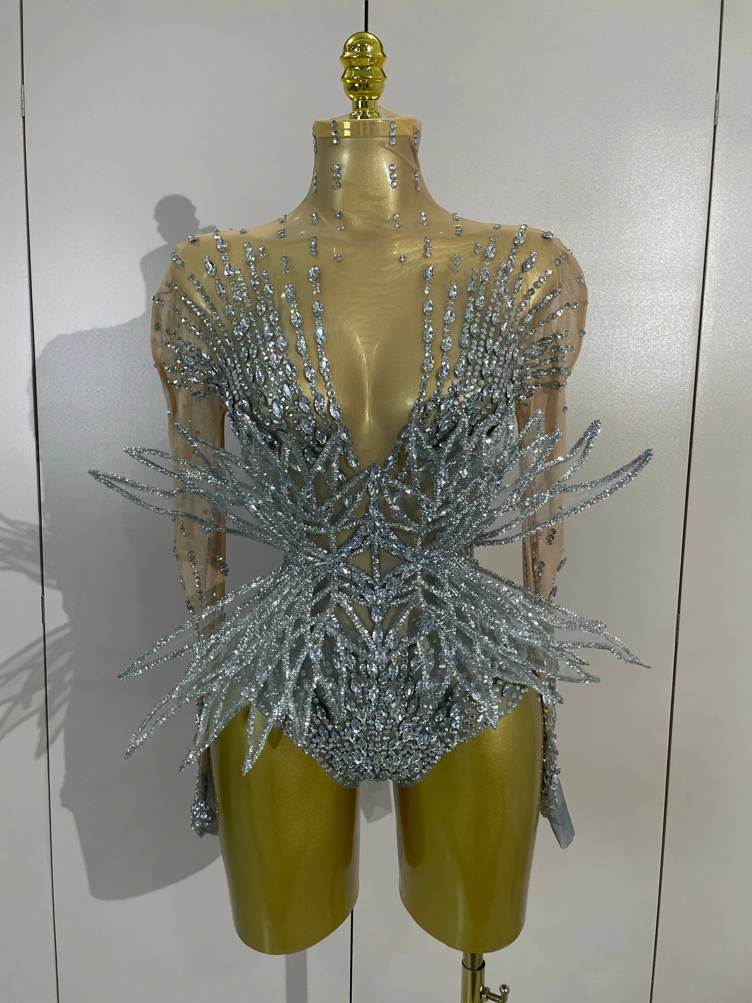 Damen Sexy Funkelnder Silberner Strass-Netz-Stretch-Bodysuit Geburtstagsparty Nachtclub Bar Sänger Tänzer Performance Bühnenkostüm