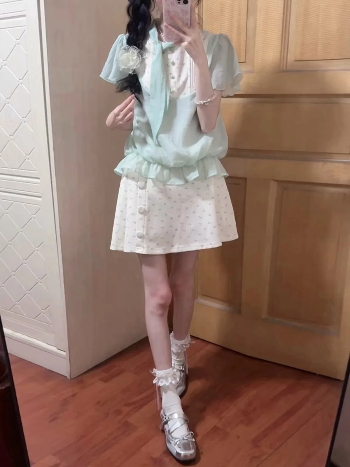 Sweet Girl Style Two-Piece Set Summer Unique Beautiful Clothing Japanese Small Size Milk Sweet Short Skirt Floral Print Blouse