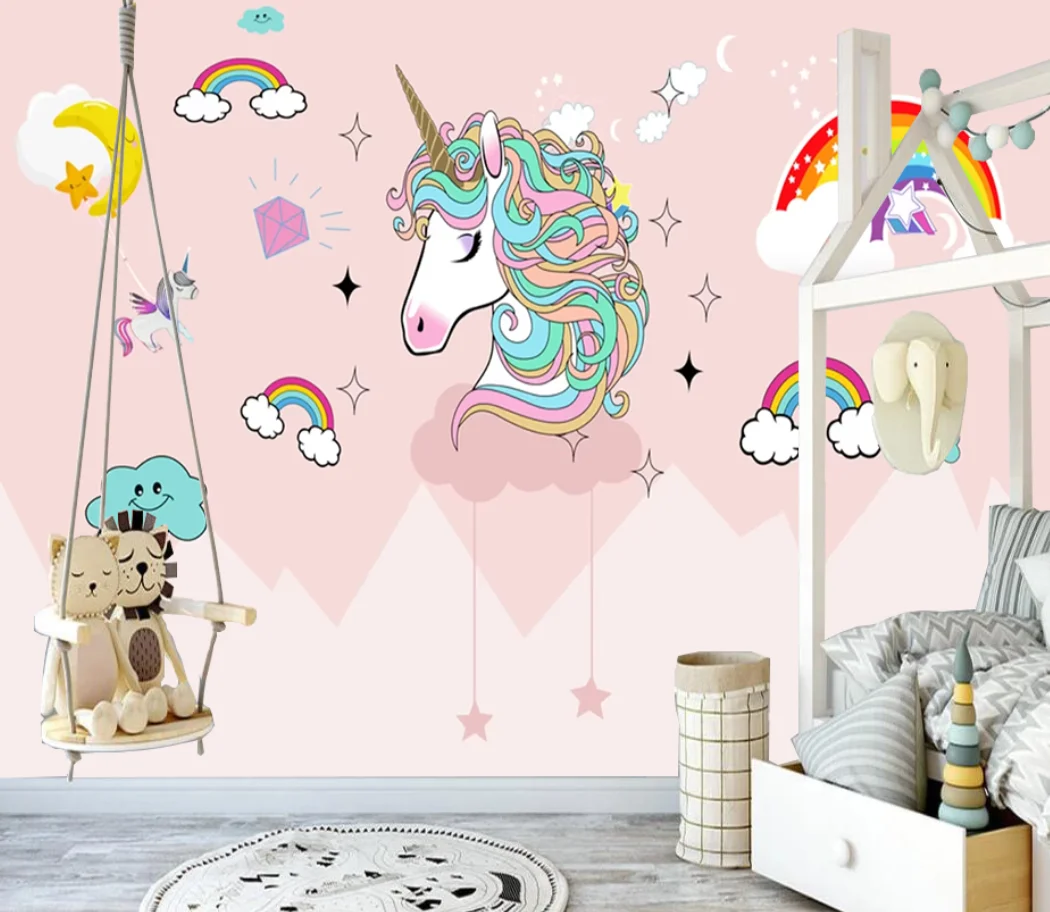 Custom wallpaper beautiful Pink Tree Cartoon Unicorn Flower Rainbow mural  TV background wall animal tree mural 3d wallpaper