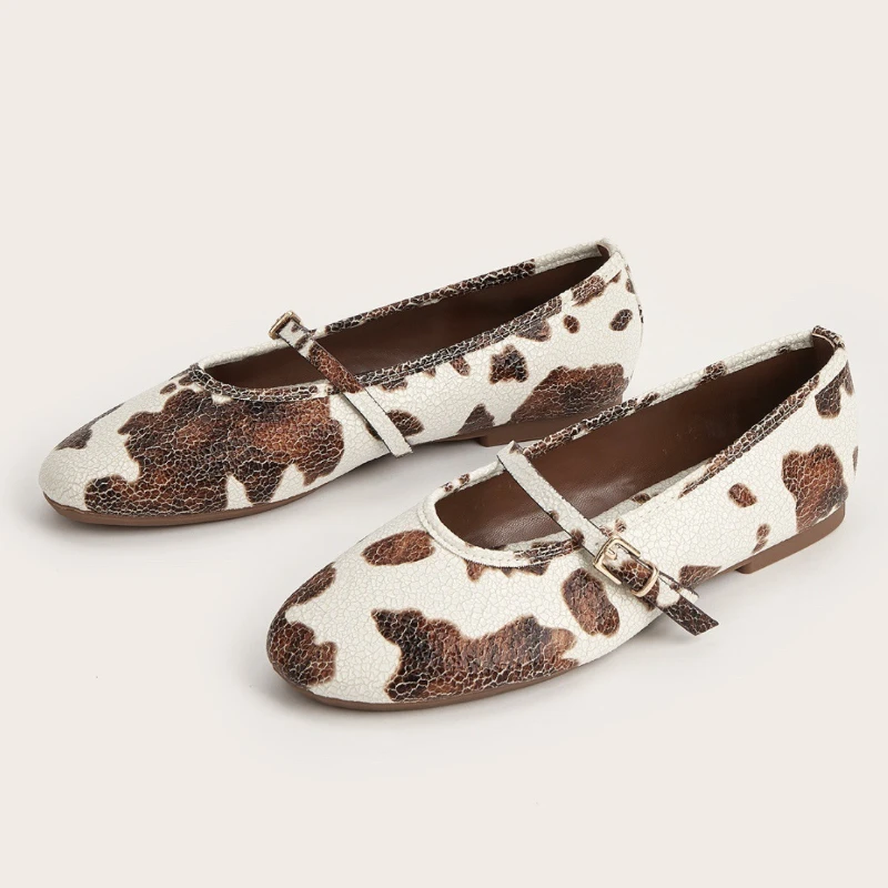 

Novelty Cow Pattern Designer Mary Jane Shoe Women Fashion Round Toe Shallow Buckle Ballet Flats Comfort Soft Sole Flat Shoes