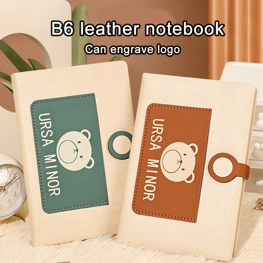 (Can engrave logo) B6 leather student notebook, diary with buckle, work notebook, business meeting minutes, with pocket design,