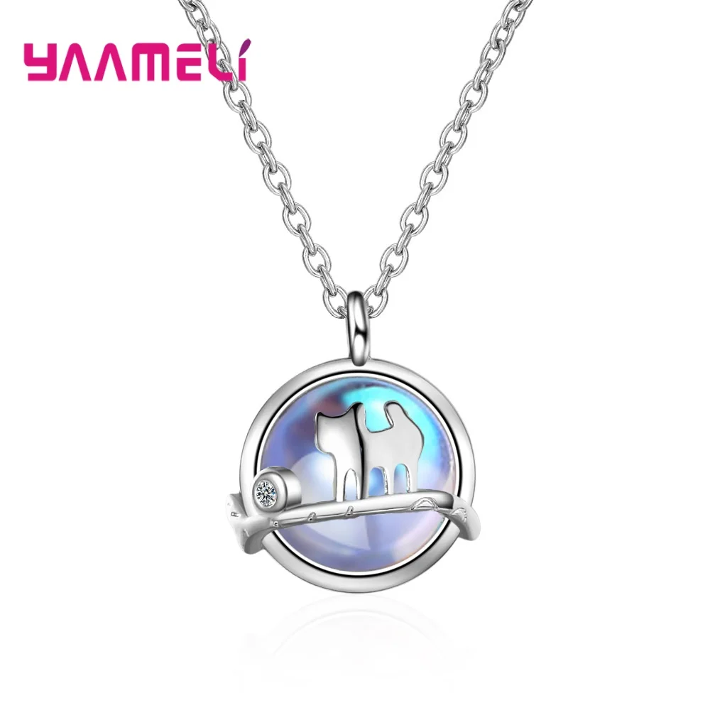 Großhandel neue 925 Silber Farbe Modeschmuck beliebte niedlichen Mondlicht Stein Katze Design Anhänger Kette Halskette für Frauen Geschenke