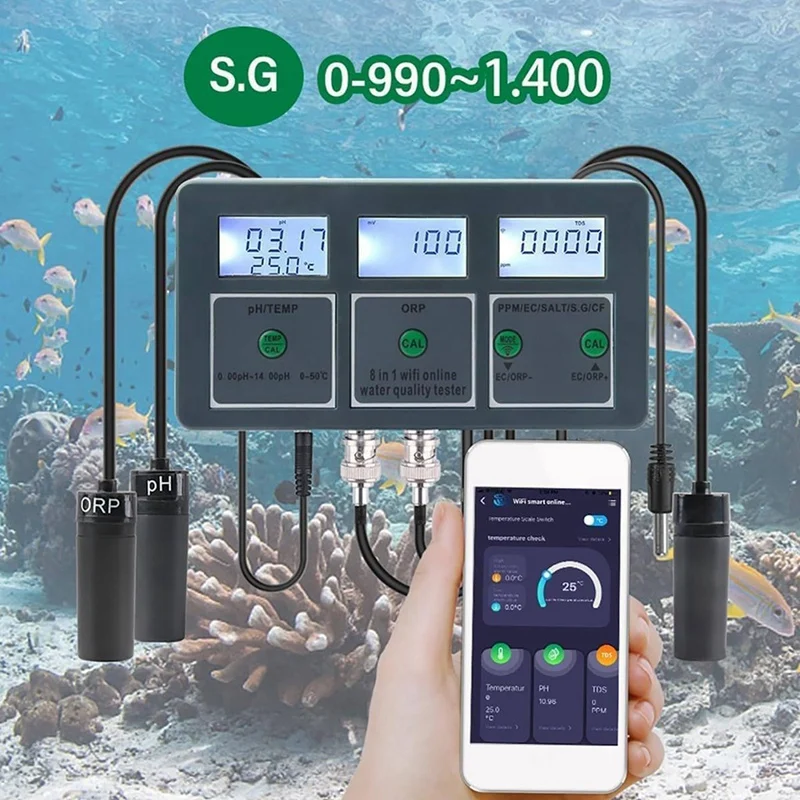 Tuya Wifi Water Quality Detector S.G/PH/EC/ORP/TDS/CF/SALT/TEMP Measuring Analyzer Water Monitor EU Plug