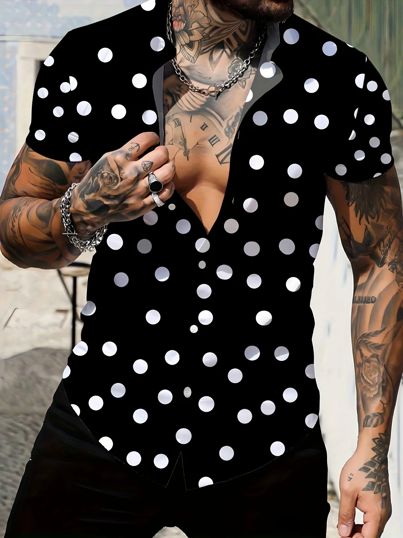 Camisa masculina 3D com bolinhas estampada de botões de manga curta, tops casuais, pijama novidade, roupas de verão, lapela moda