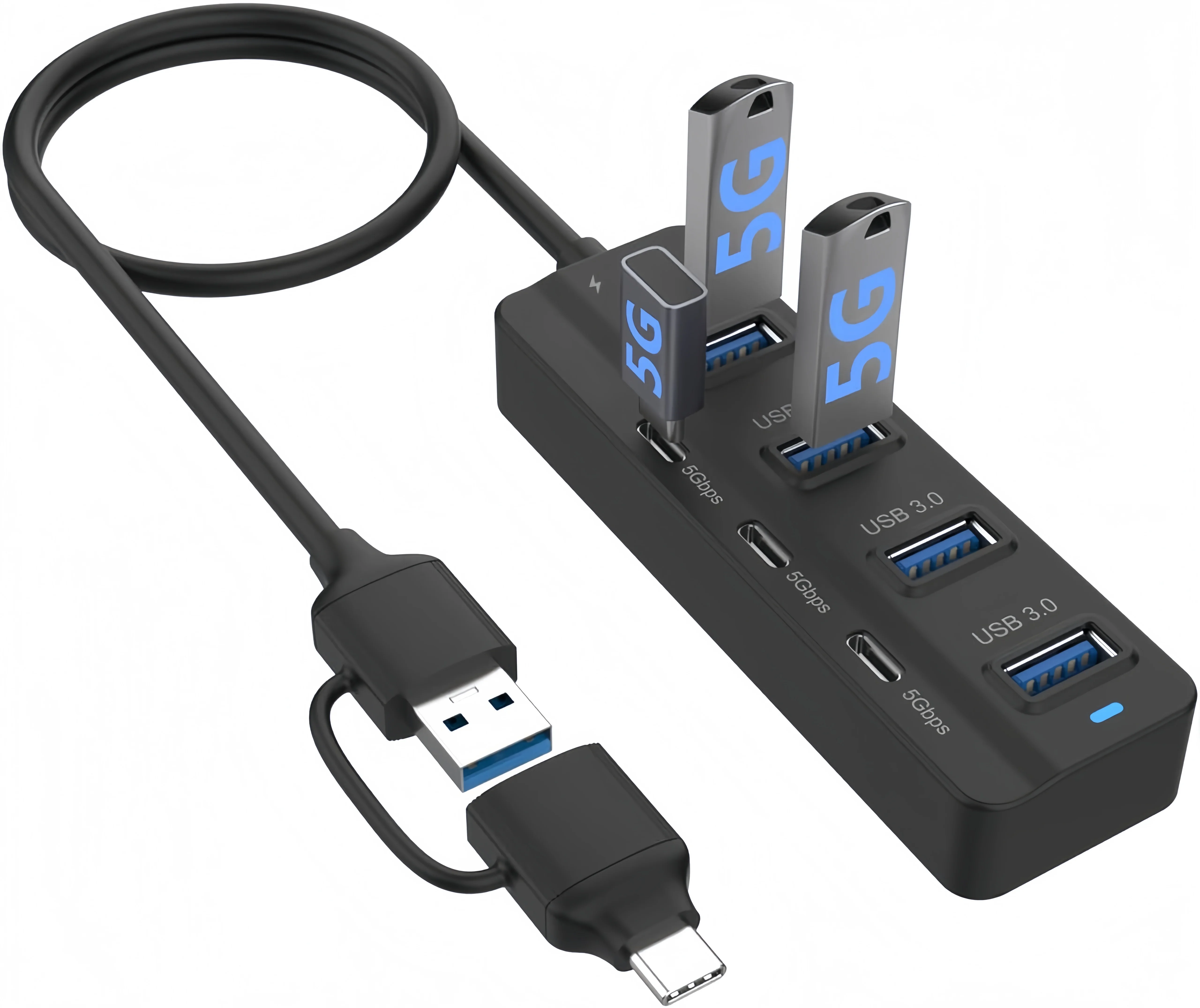 5PCS 7-Port USB C Hub 3.2ft USB3.0 Adapter Cable 4*USB3.0 3*USB C Ports Compatible Thunderbolt 3/4 For Surface Pro TPE IOS Earph