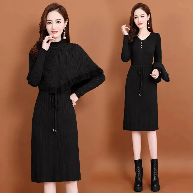 Thời Trang Mới 2021 Nữ Thu Đông Dài Áo Len Đầm Áo Thun Ấm Dệt Kim Chui Đầu Đầm + Áo Len Áo Vest 2 Miếng Bộ