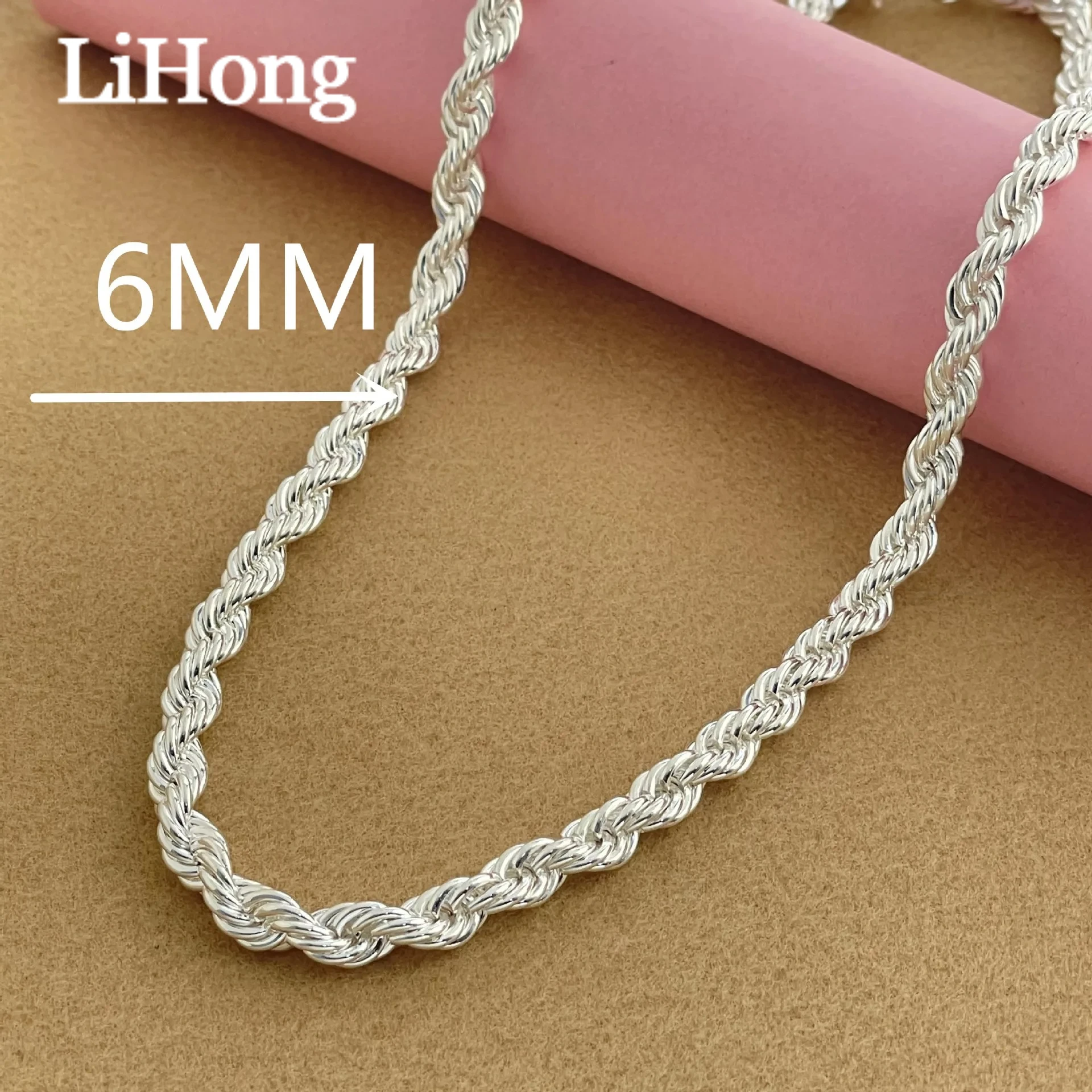 Lihong 925 sterling silver 6MM twisted rope necklace for men and women fashion simple jewelry