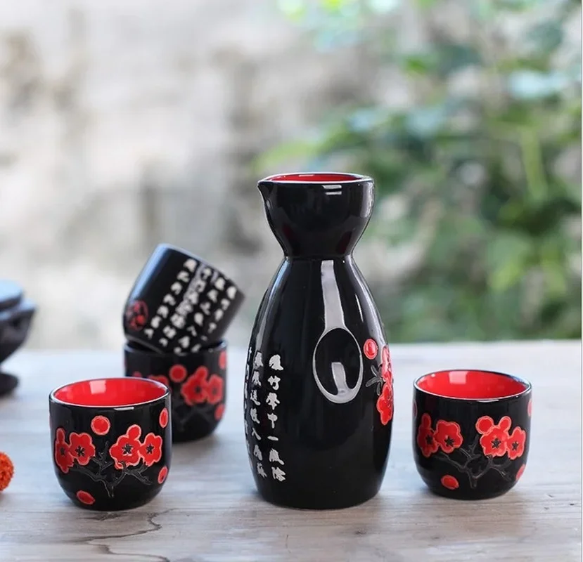 5pcs/set Ceramic Sake Pot Cups Set Flagon Liquor Cup Spirits Cups Set Japanese Bar Wine Set Flower Text Pattern Creative Gifts