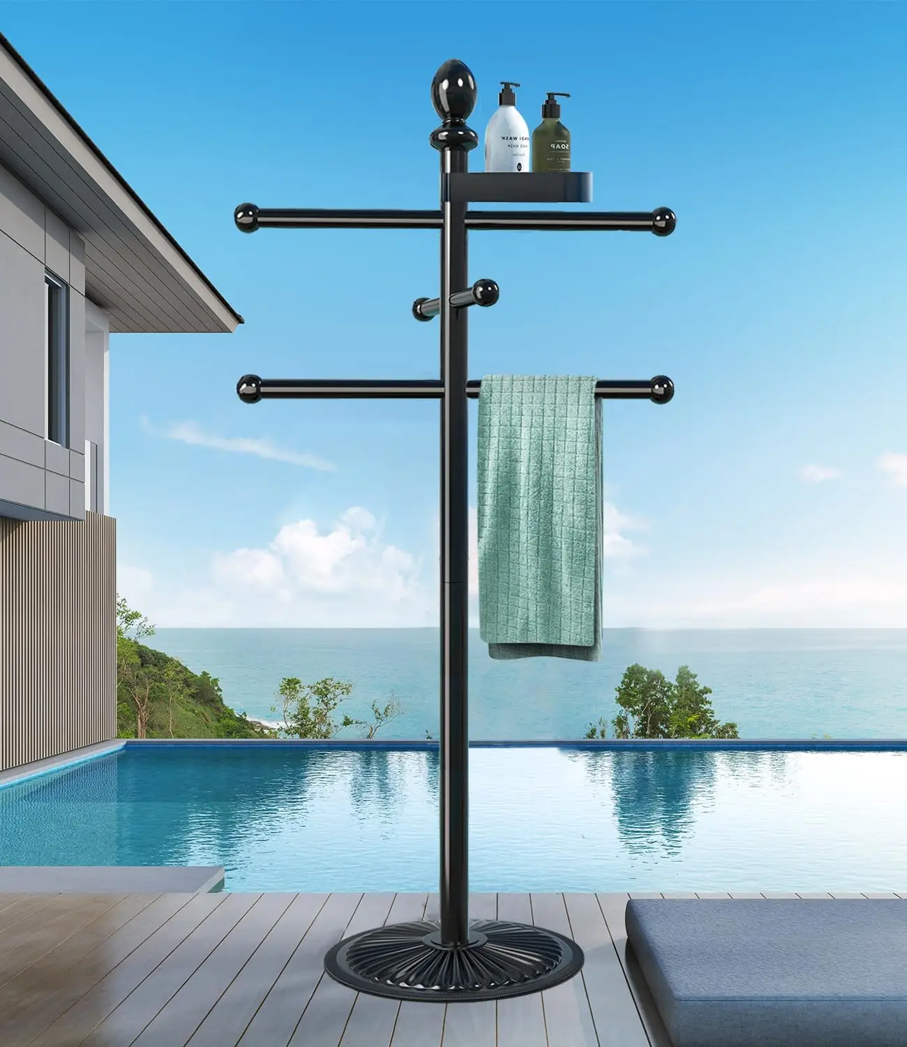 

Outdoor Pool Towel Rack, 6-Bar Heavy-Duty Metal Stand w/ Top Tray, Ideal Hot Tub & Pool Accessories, Towel Drying Solution