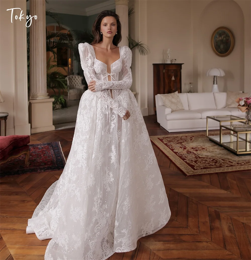Abiti da sposa eleganti personalizzati con colletto quadrato Tokyo Abiti da sposa in pizzo a maniche lunghe 2025 Abiti da sposa con strascico bianco a-line