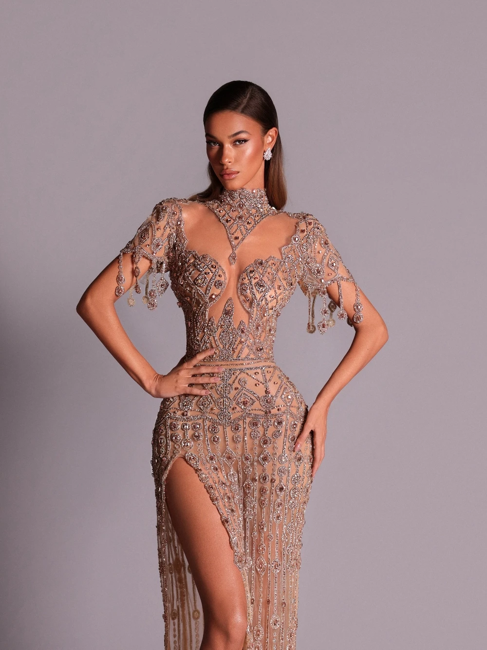 

Luxury Beaded High Neck Evening Gown Sexy Sheer Tulle With Tassel Sleeves High Slit Rhinestone-Embellished Formal Dress For Prom