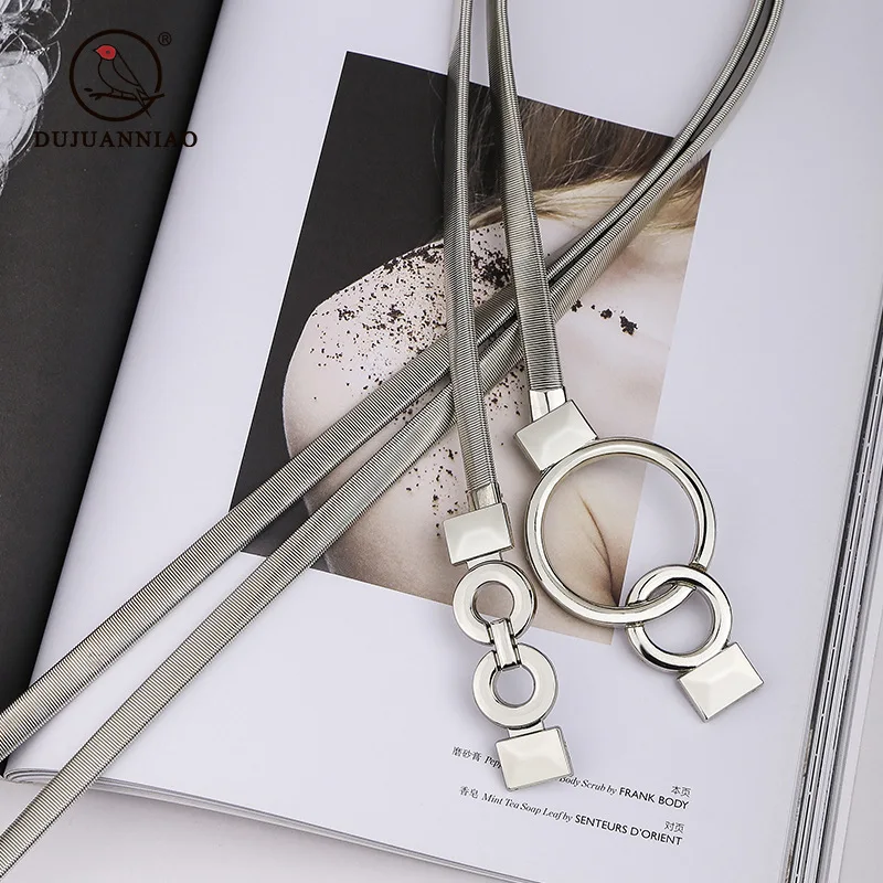 Silver Metal Belt Women's Elastic Simple Stretchy Decorative Buckle Chain Hook Waist Chain