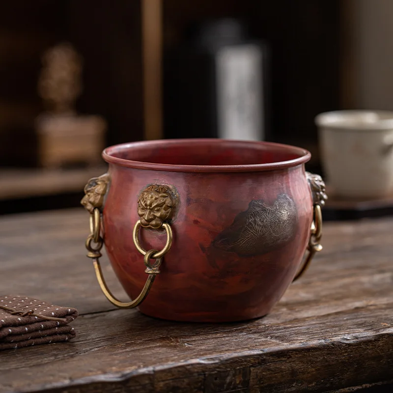 

Handmade Pure Copper Lion Head Ring Handle Tea Waste Jar, Large Capacity Gongfu Tea Dregs Bucket, Chinese Tea Ceremony Accessory