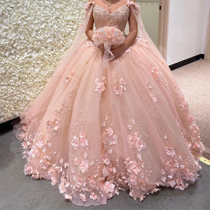 Vestido de quinceañera de lujo con cuentas y lentejuelas, vestido de fiesta de alta calidad, flores 3D, púrpura, dulce, Vintage con capa, 15 años