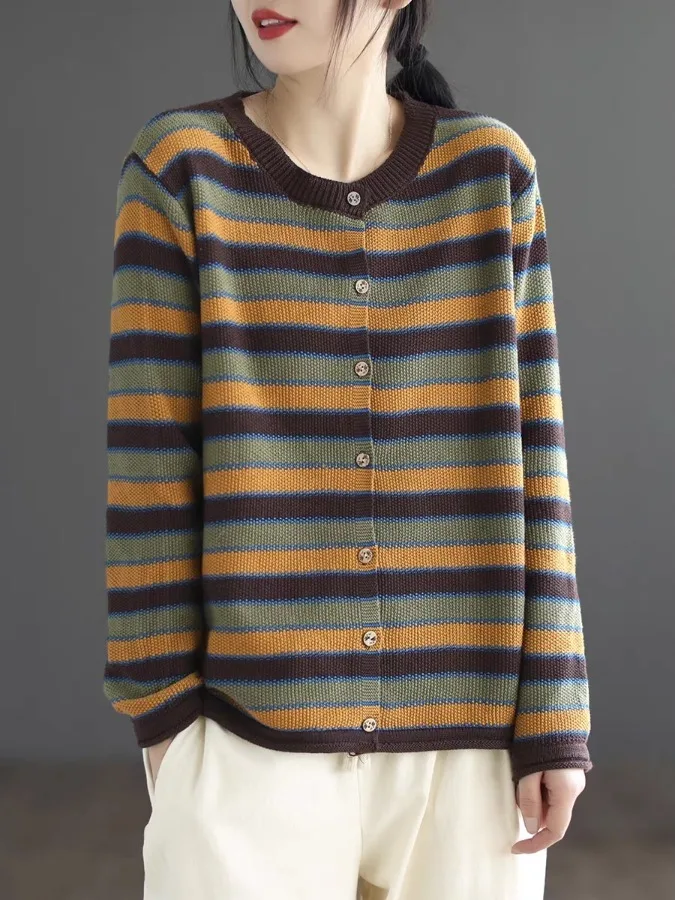 Cardigan aberto de malha de algodão artístico retrô plus size feminino listrado cor blo ort suéter jaet top para outono inverno