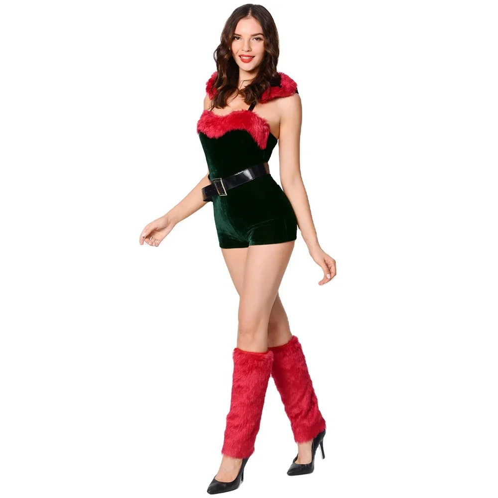 Weihnachten Sexy Erwachsene Rolle Spielen Plüsch Kapuze Kostüm Grüne Elfe Weihnachten Body Sexy Weihnachten Party Set Bühne Leistung Kleid