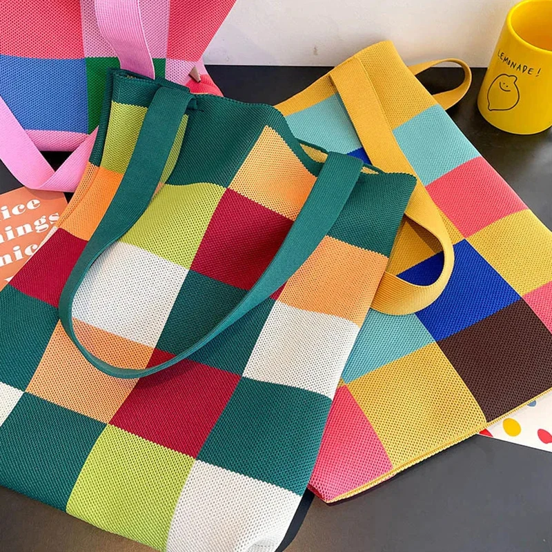 Large Capacity Knit Handbag Women Fashion Shoulder-bag Casual Color Wide Stripe Plaid Tote Bag Student Reusable Shopping Bag