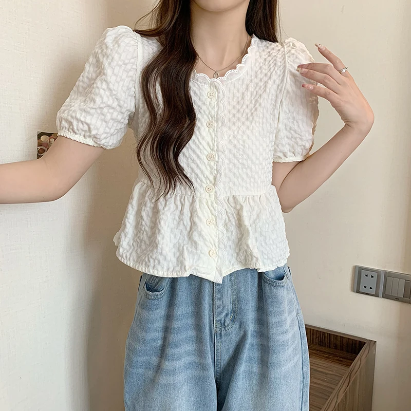 Sweet Lace Shirts Women Summer Korean Style Design All-match Puff Sleeve Lovely Cropped Fashion Elegant Young Casual Street Wear